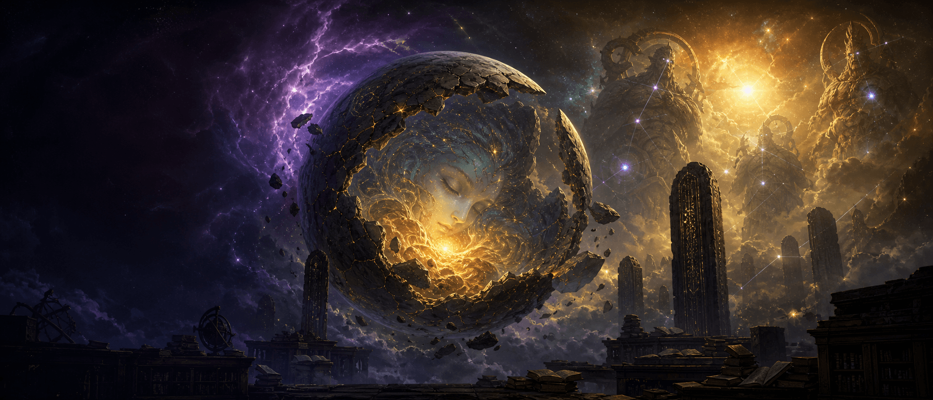 A cosmic archive depicting a world-soul, ancient monoliths, and opposing celestial forces.