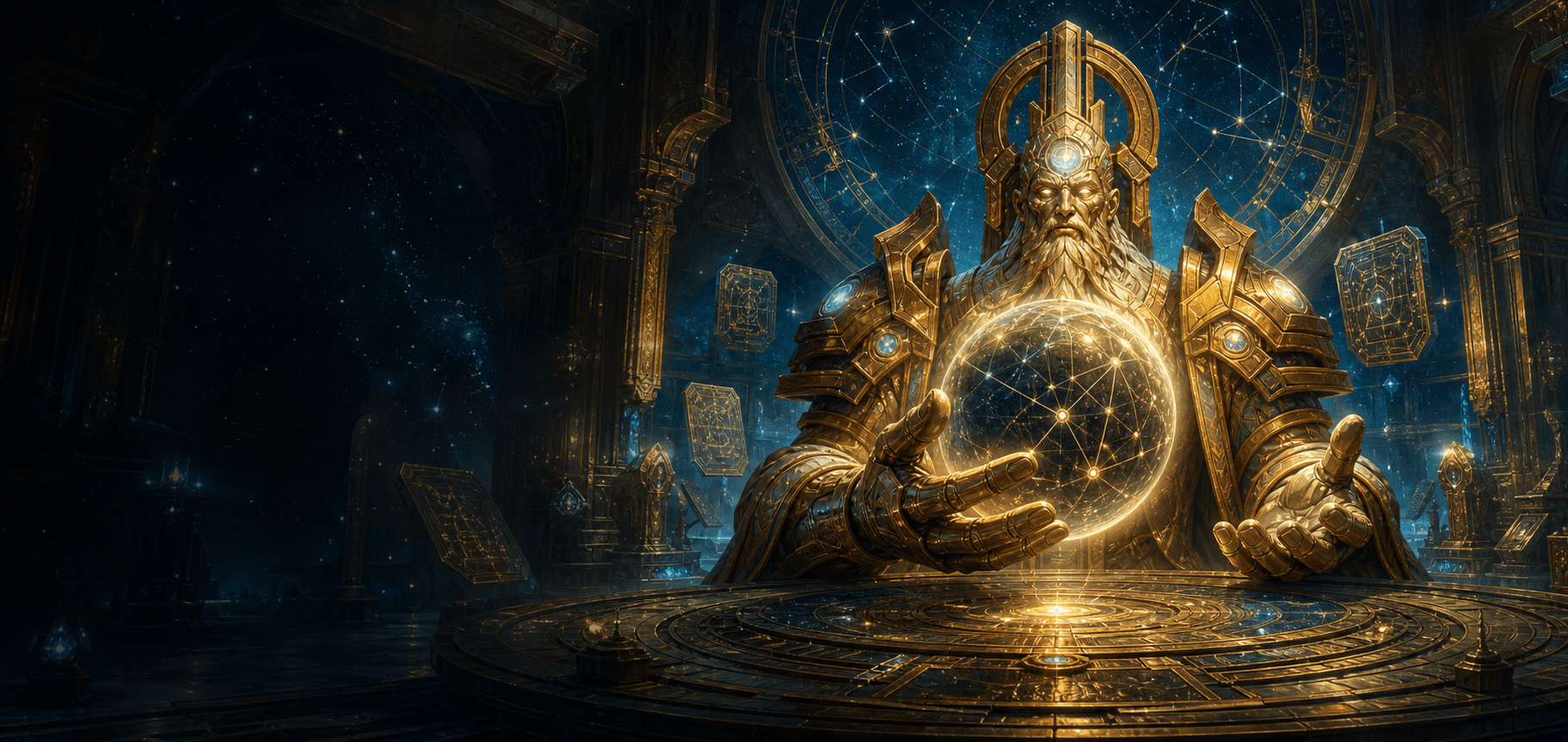 Aman'Thul, keeper of the Titan archives, studying a constellation sphere in a celestial observatory